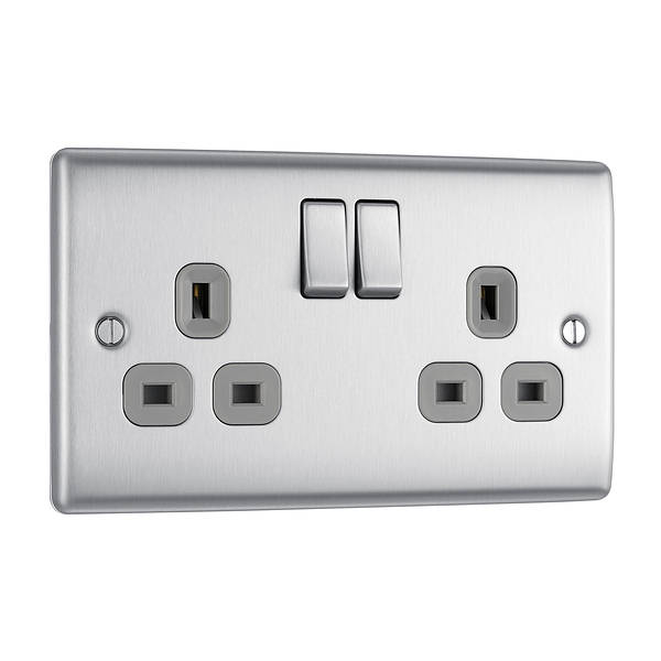 BG Nexus Metal Double Socket 13A Plug Brushed Steel With Grey Inserts - NBS22G