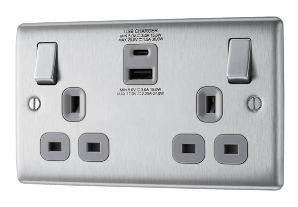 BG Nexus Metal USB USBC Double Socket in Brushed Steel with Grey Inserts - NBS22UAC30G