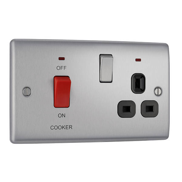 BG Nexus Metal 45 Amp DP Cooker Switch with Socket & Neon in Brushed Steel with Black Inserts - NBS70B-01