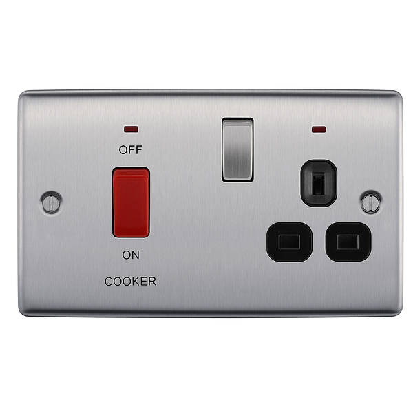 BG Nexus Metal 45 Amp DP Cooker Switch with Socket & Neon in Brushed Steel with Black Inserts - NBS70B-01