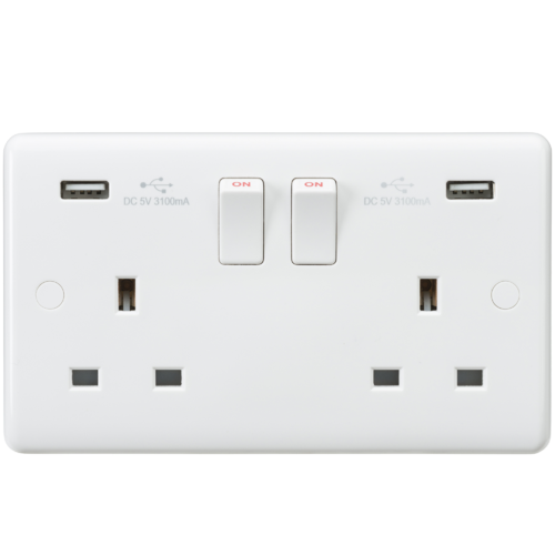 ML Curved Edge 13A 2 Gang Switched Double Socket with Dual USB Charger (5V DC 3.1A shared) in White CU9904