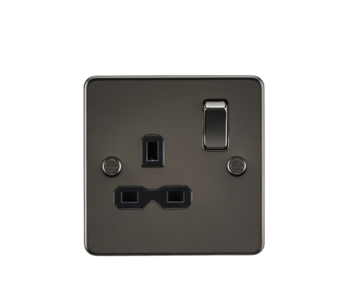 ML Flat Plate 13 Amp 1 Gang Double Pole Single Switched Socket - Gunmetal with Black Insert
