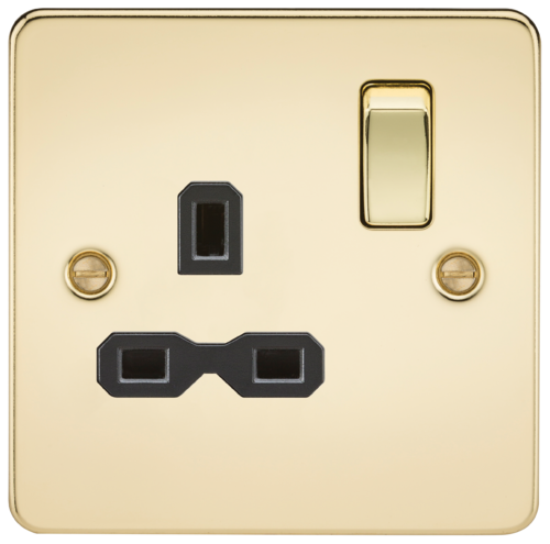 ML Flat Plate 13 Amp 1 Gang Double Pole Single Switched Socket - Polished Brass with Black Insert