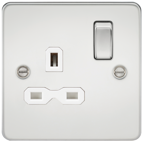 ML Flat Plate 13A 1 Gang DP Switched Socket - Polished Chrome With White Insert