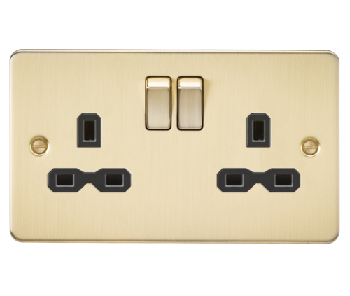 ML 2 Gang Double Pole Switched Double Socket - Brushed Brass with Black Insert
