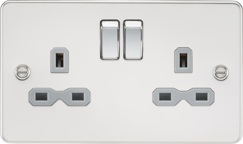 ML Flat Plate 13A 2 Gang DP Switched Double Socket - Polished Chrome With Grey Insert