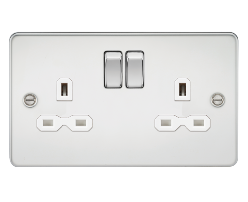 ML Flat Plate 13A 2 Gang DP Switched Double Socket - Polished Chrome With White Insert
