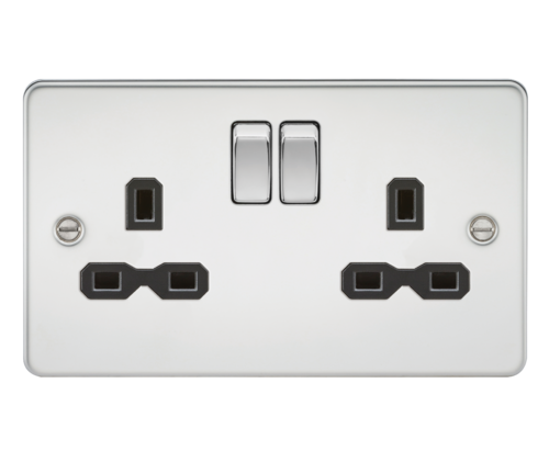 ML Flat Plate 13A 2 Gang DP Switched Double Socket - Polished Chrome With Black Insert