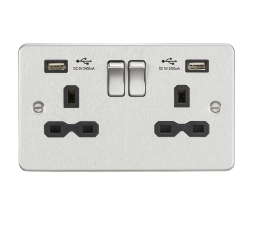 Flat plate 13A 2G Switched Socket with Dual USB Charger (2.4A) - Brushed Chrome with Grey Insert