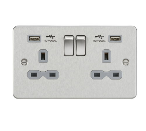 Flat plate 13A 2G Switched Socket with Dual USB Charger (2.4A) - Brushed Chrome with Grey Insert