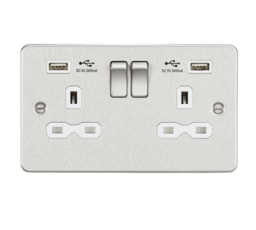 Flat plate 13A 2G Switched Socket with Dual USB Charger (2.4A) - Brushed Chrome with Grey Insert