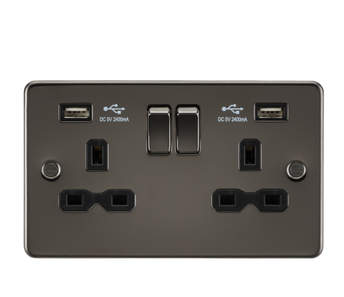 Flat plate 13A 2 Gang Switched Double Socket with Dual USB Charger (2.4A) - Gunmetal with Black insert