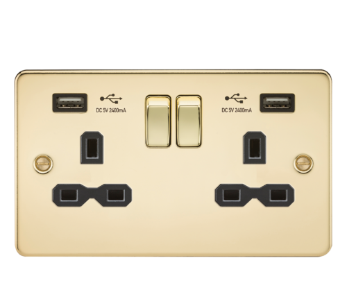 Flat plate 13A 2G Switched Socket with Dual USB Charger (2.4A) - Polished Brass with Black insert