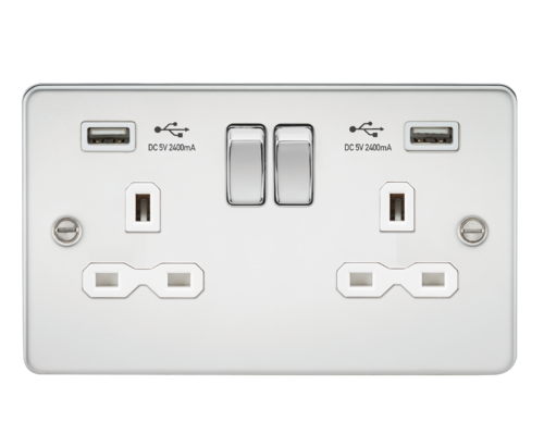 ML Flat Plate 13A 2 Gang Switched Double Socket With Dual USB Charger (2.4A) - Polished Chrome With White Insert