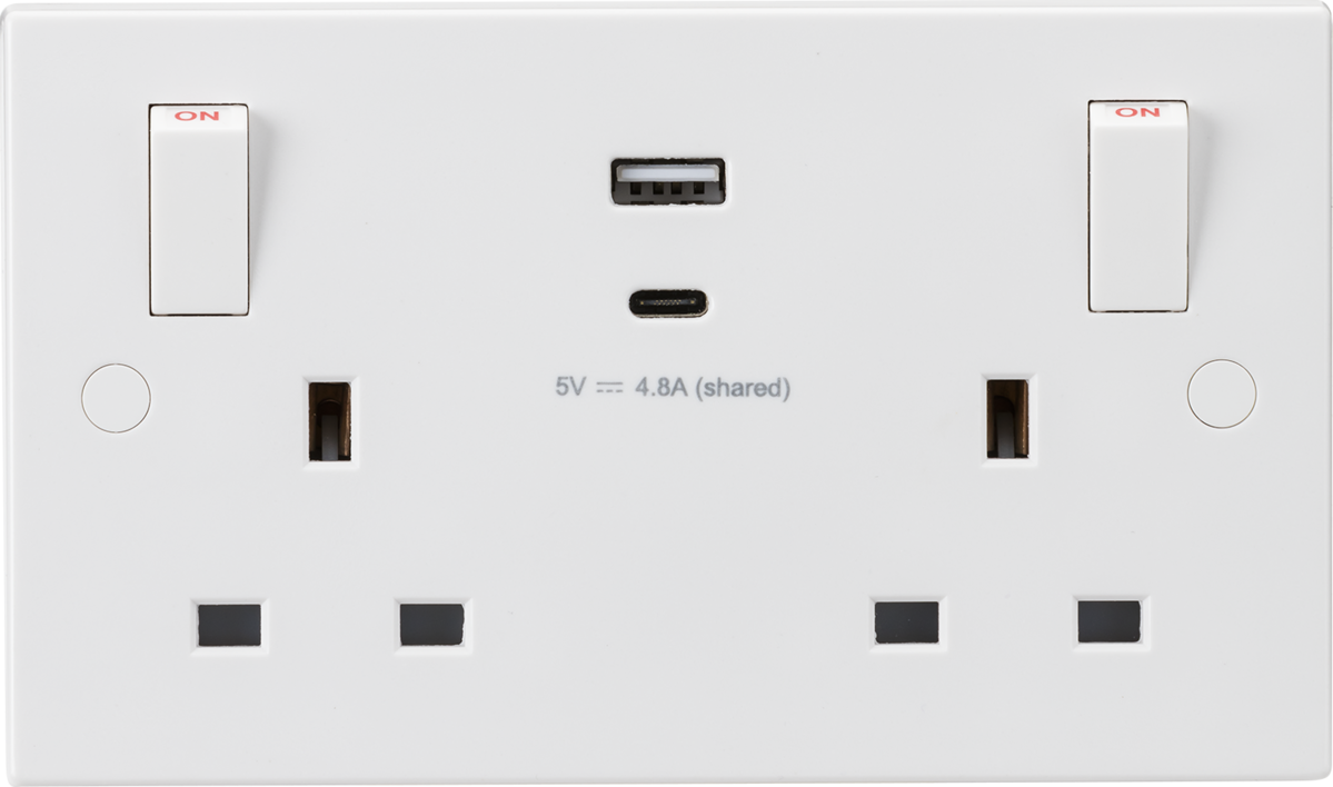 13A 2G Switched Double Socket with Outboard Rockers and Dual USB (A+C) 5V DC 4.8A - SN9002 Shared