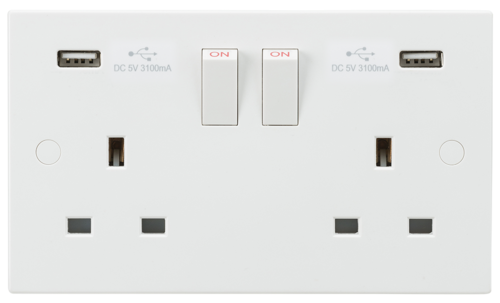 ML Square Edge 13A 2 Gang Switched Socket with Dual USB Charger (5V DC 3.1A shared) in White