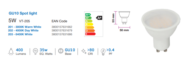 10 x V-TAC GU10 Samsung Chip 4.5 Watt LED Spotlight