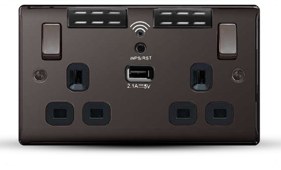 BG USB Wifi Double Socket in Black Nickel with Black Insert - NBN22UWRB-01